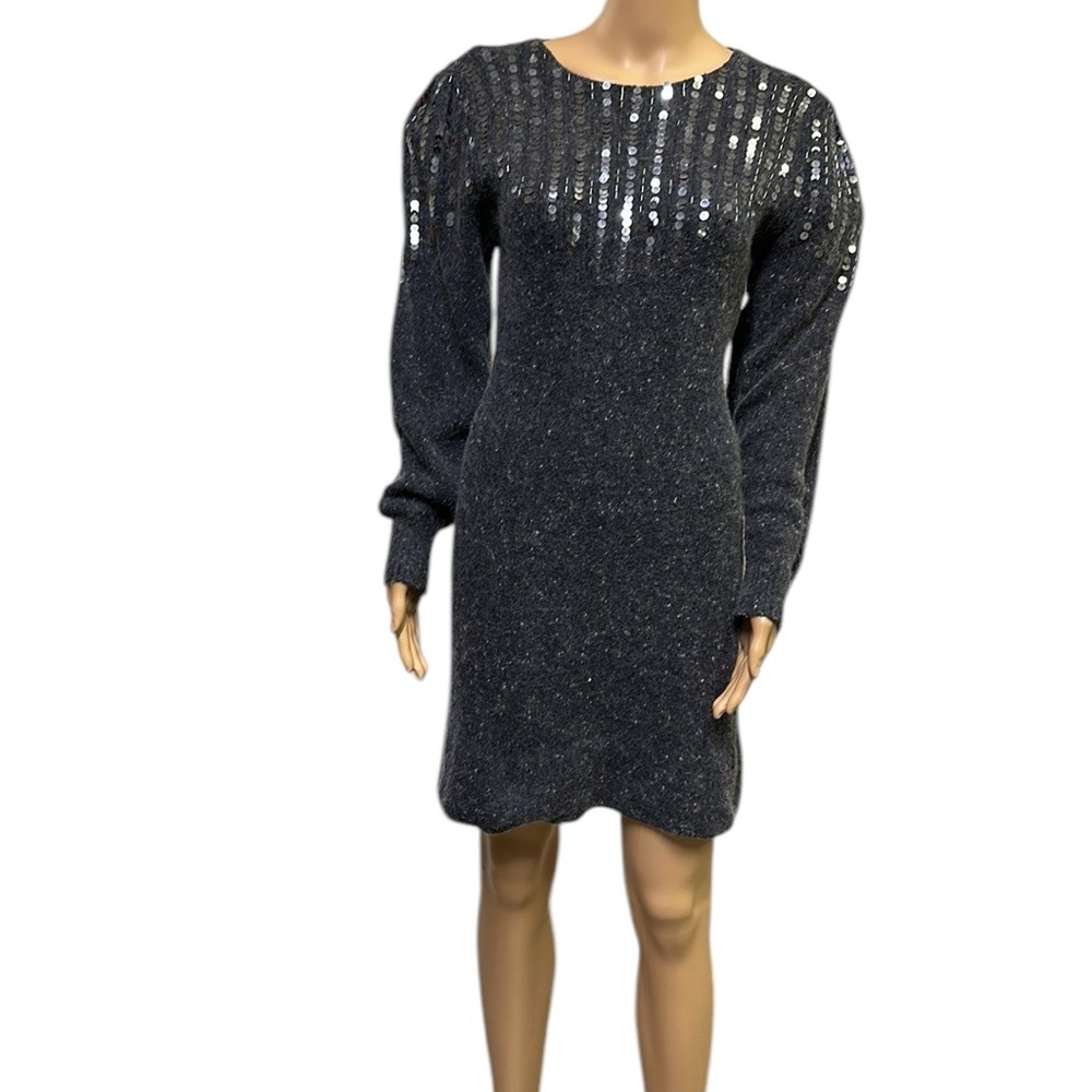 Raoul Angora Silk Vintage 80s Gray Sequin Long Puff Sleeve Knit Sweater Dress S